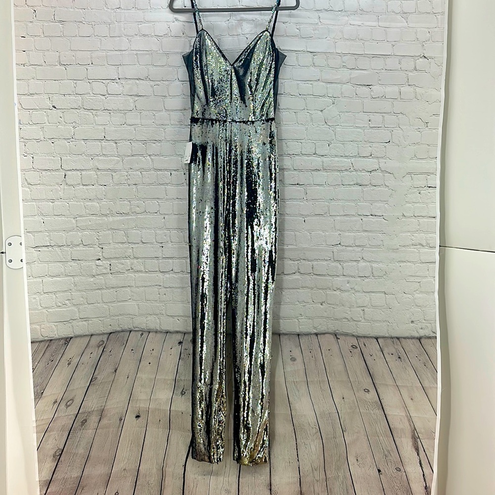 Jovani Silver Jumpsuit rainbow‎ sparkly women’s size 8 new